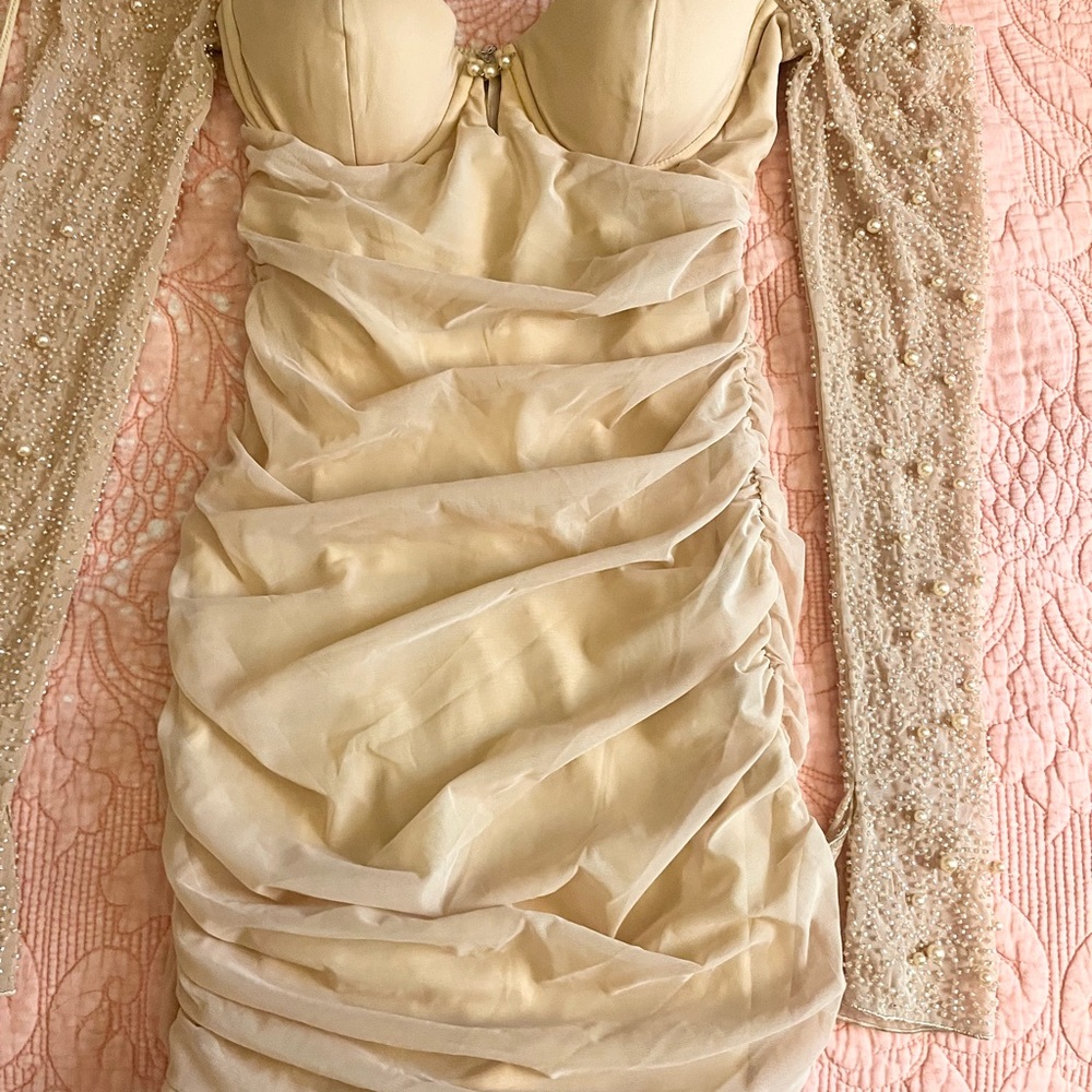 Elegant Cream Ruched Dress with Beaded Sleeves